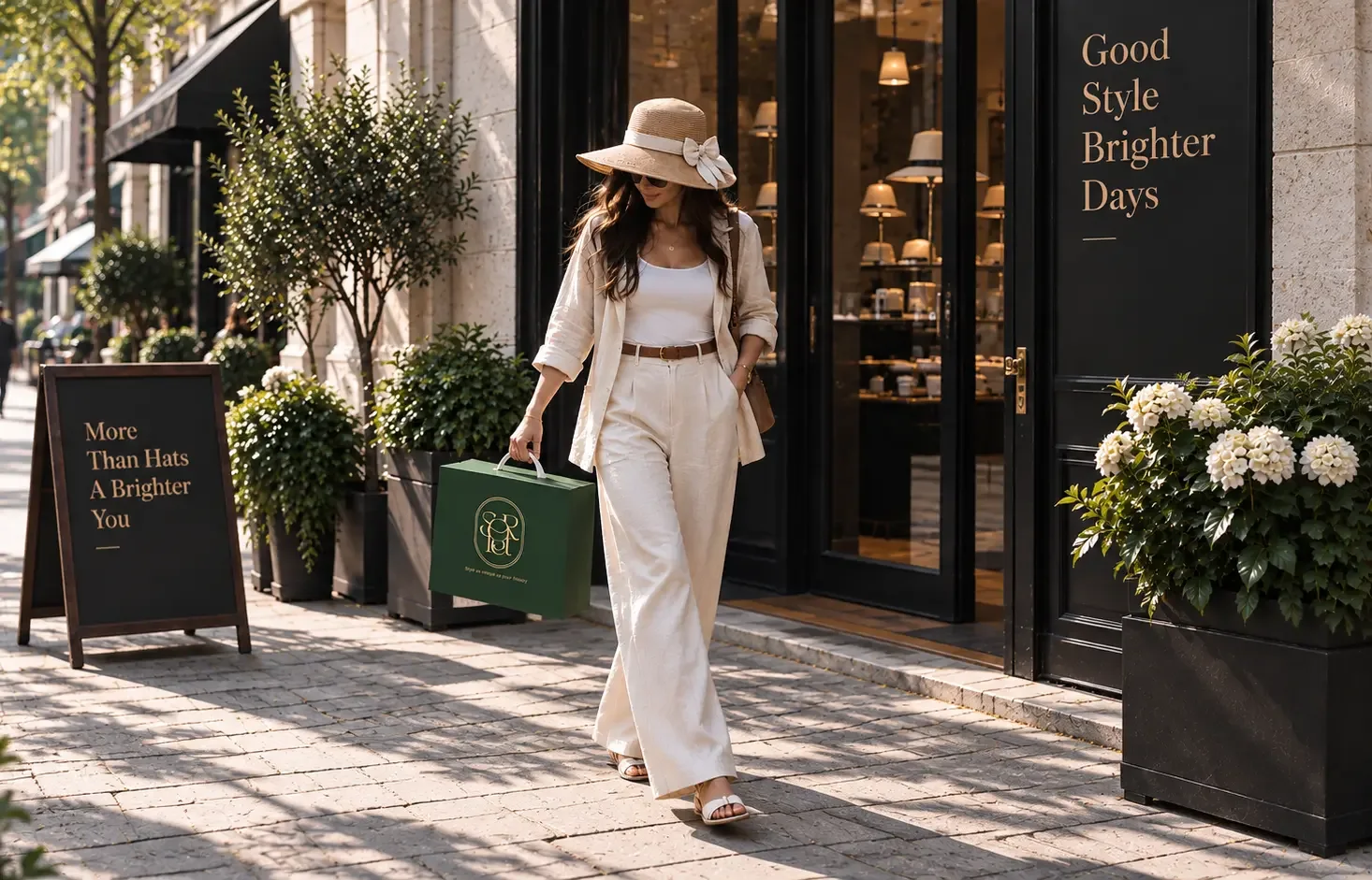 A shopper carrying a Sorlet emerald custom hat box with a carry handle past a boutique