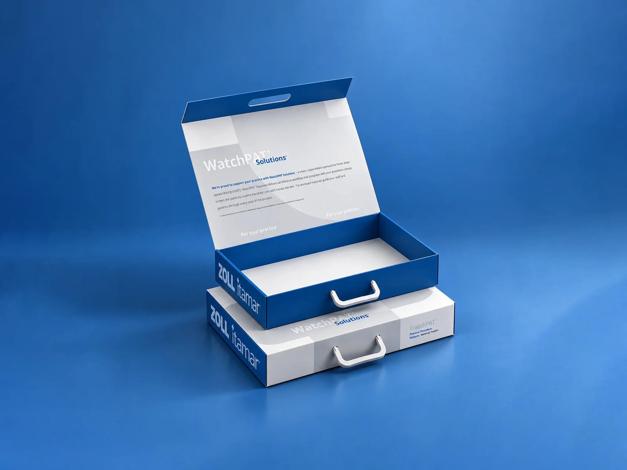 ZOLL Itamar WatchPAT Solutions toolkit boxes, open and closed, on a blue background