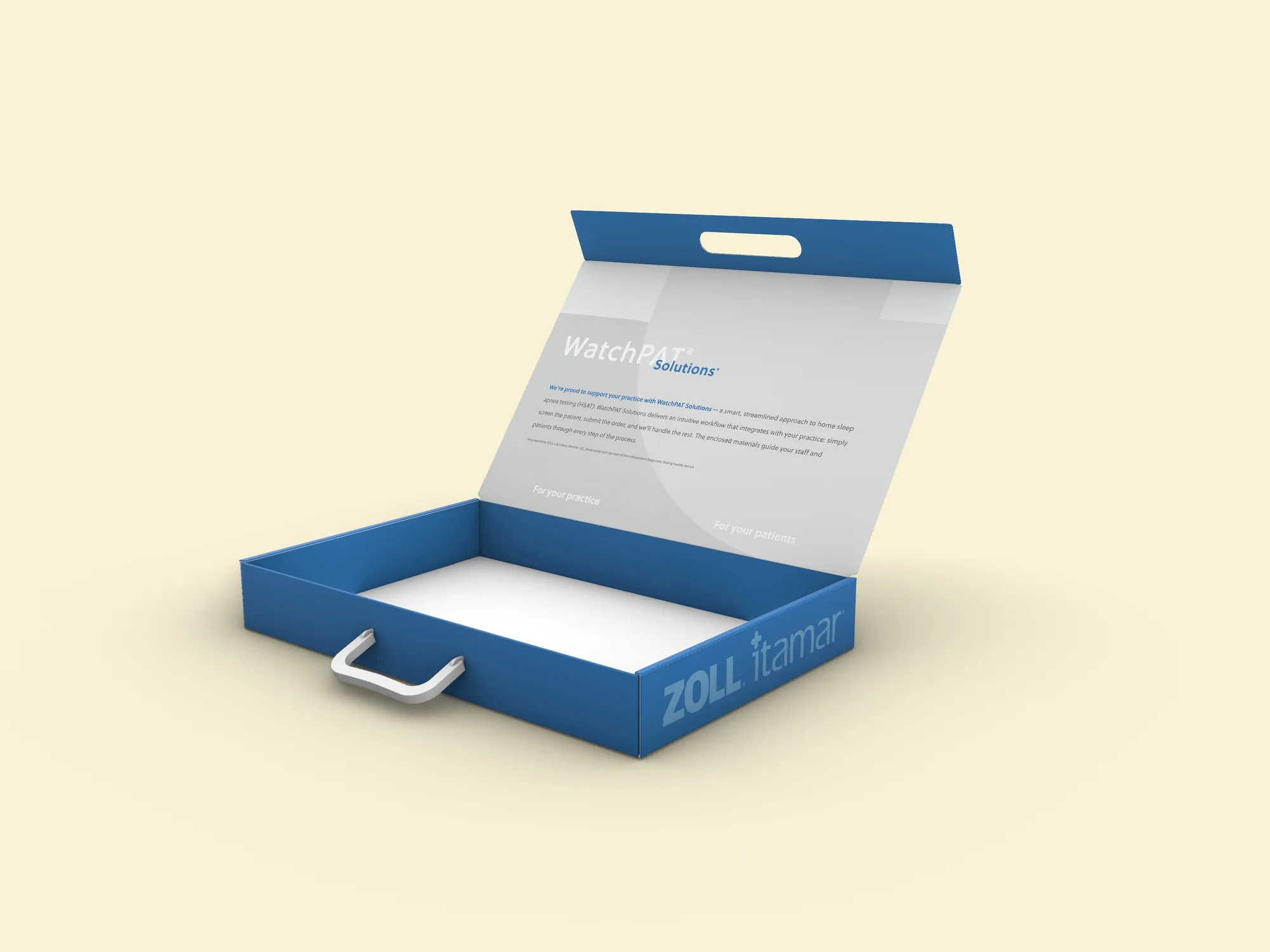 WatchPAT Solutions toolkit box open, showing the printed inside-lid message and tray