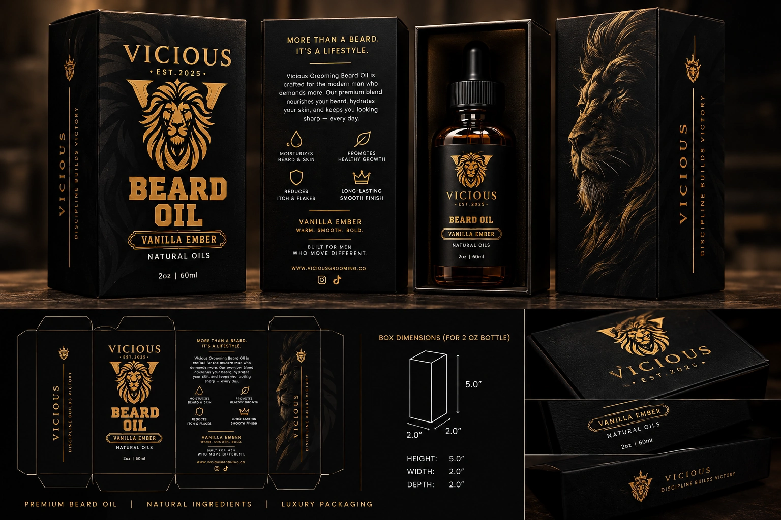 AI-generated concept for the Vicious Grooming beard oil custom tuck end box, black and gold with a lion crest