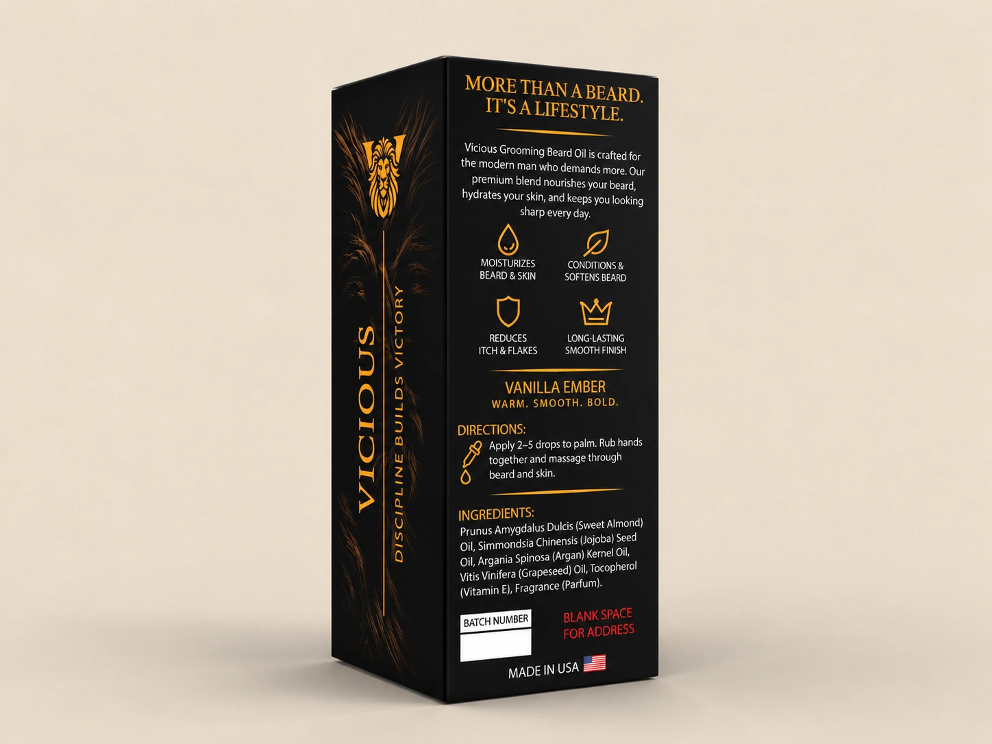Vicious Grooming beard oil tuck end box back panel with benefits, directions and ingredients