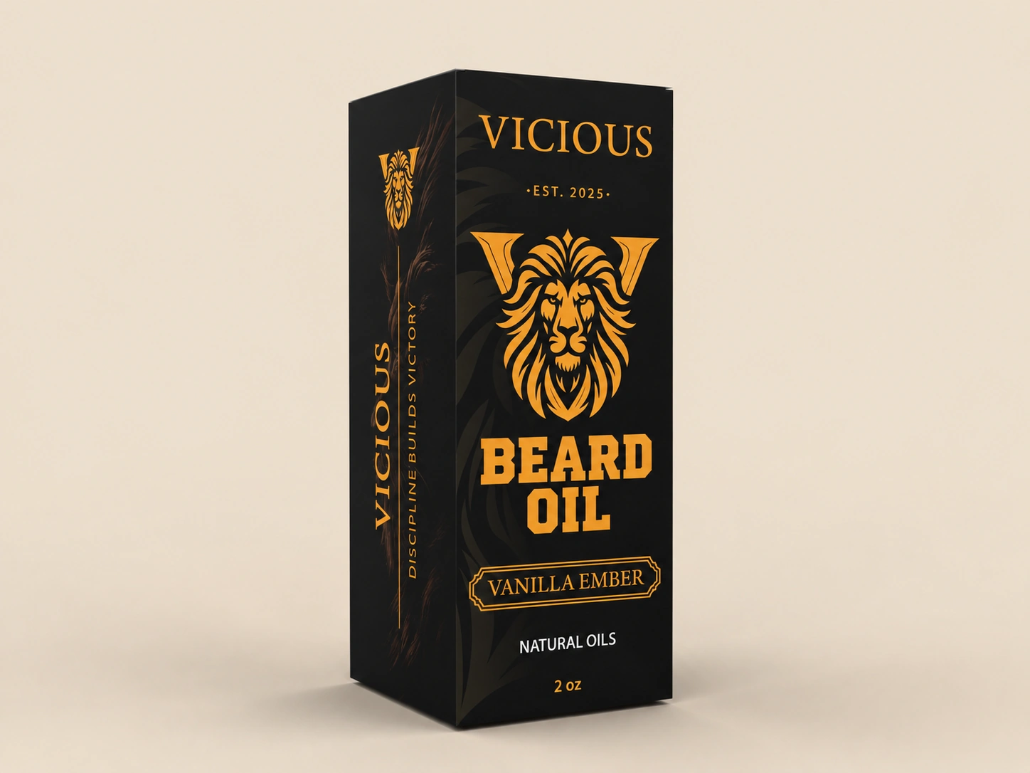 Vicious Grooming Vanilla Ember beard oil bottle beside its custom tuck end box