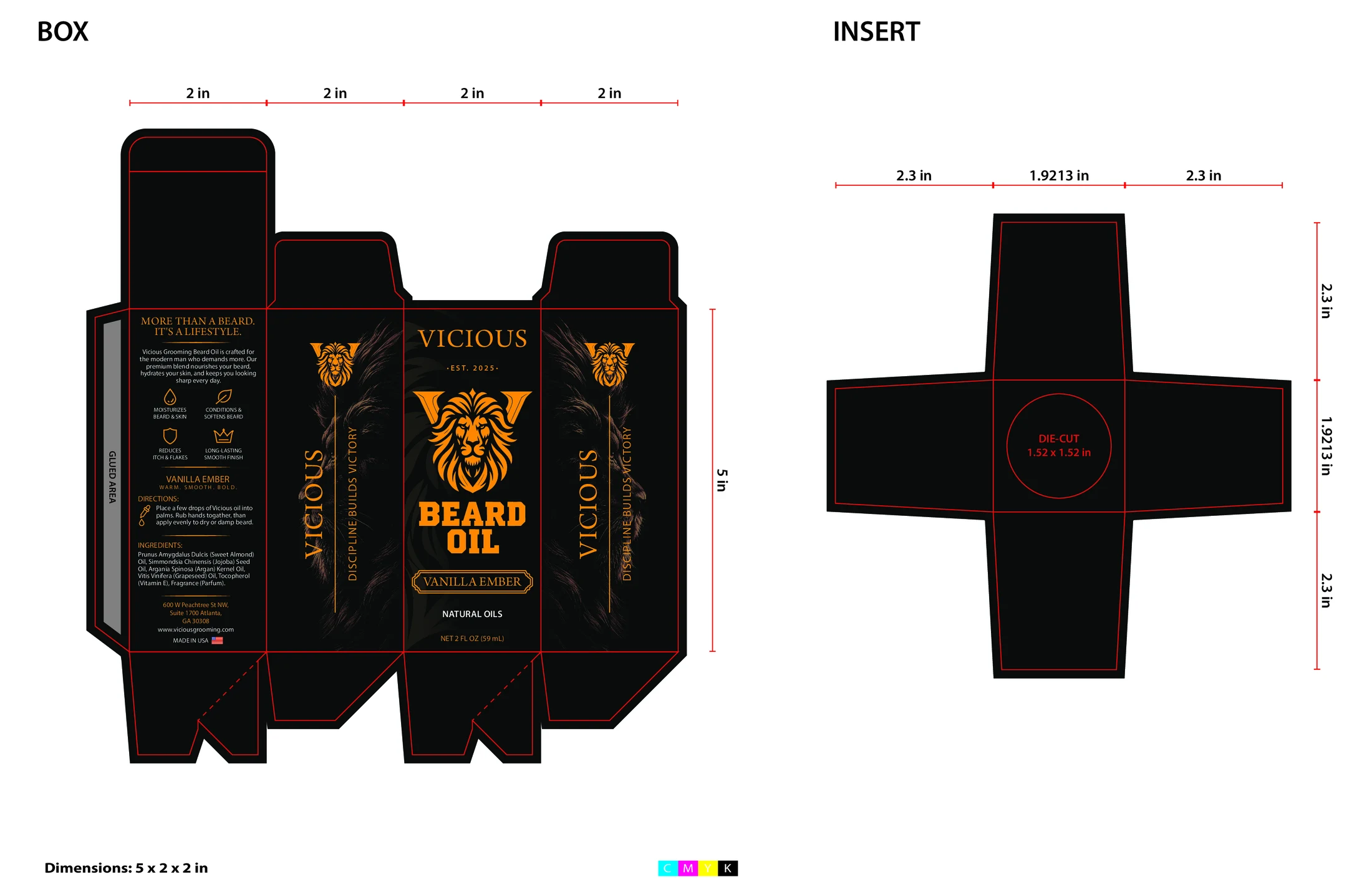 Vicious Grooming beard oil tuck end box dieline, 5 by 2 by 2 inch carton, CMYK print-ready