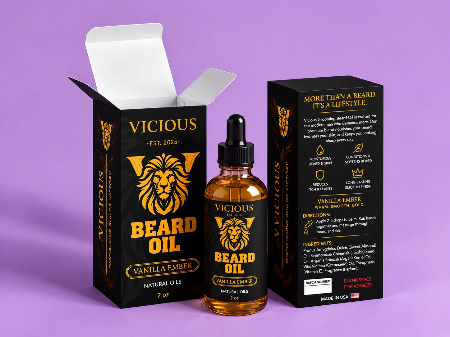 Vicious Grooming beard oil custom tuck end box, front and back, with the bottle