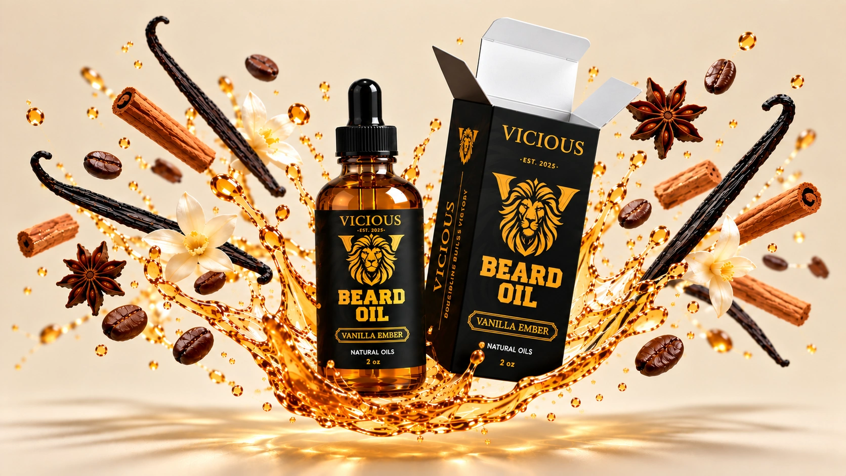 Vicious Grooming Vanilla Ember beard oil custom tuck end box and dropper bottle with an amber oil splash, vanilla, star anise and coffee