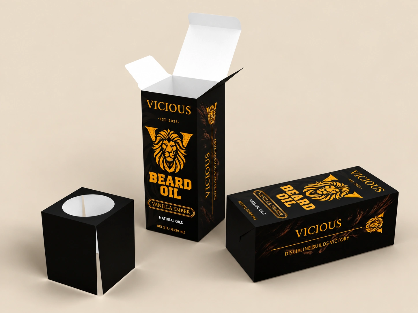 Vicious Grooming beard oil straight tuck end box structure, open and closed