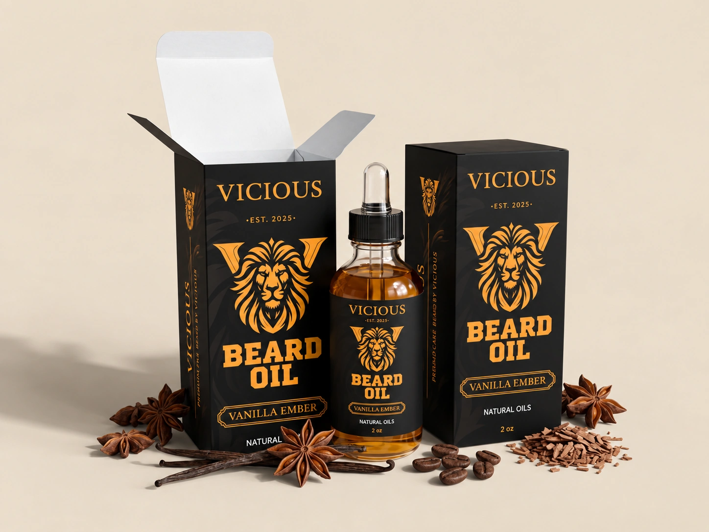 Vicious Grooming beard oil custom tuck end boxes and dropper bottle with vanilla, star anise and cedar